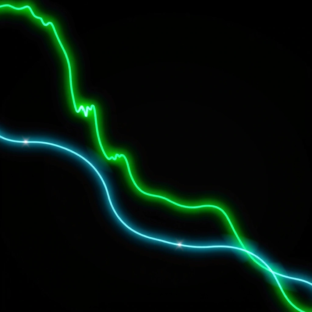 Fondo abstracto con líneas de neón verdes y rojas representando mercados financieros digitales
